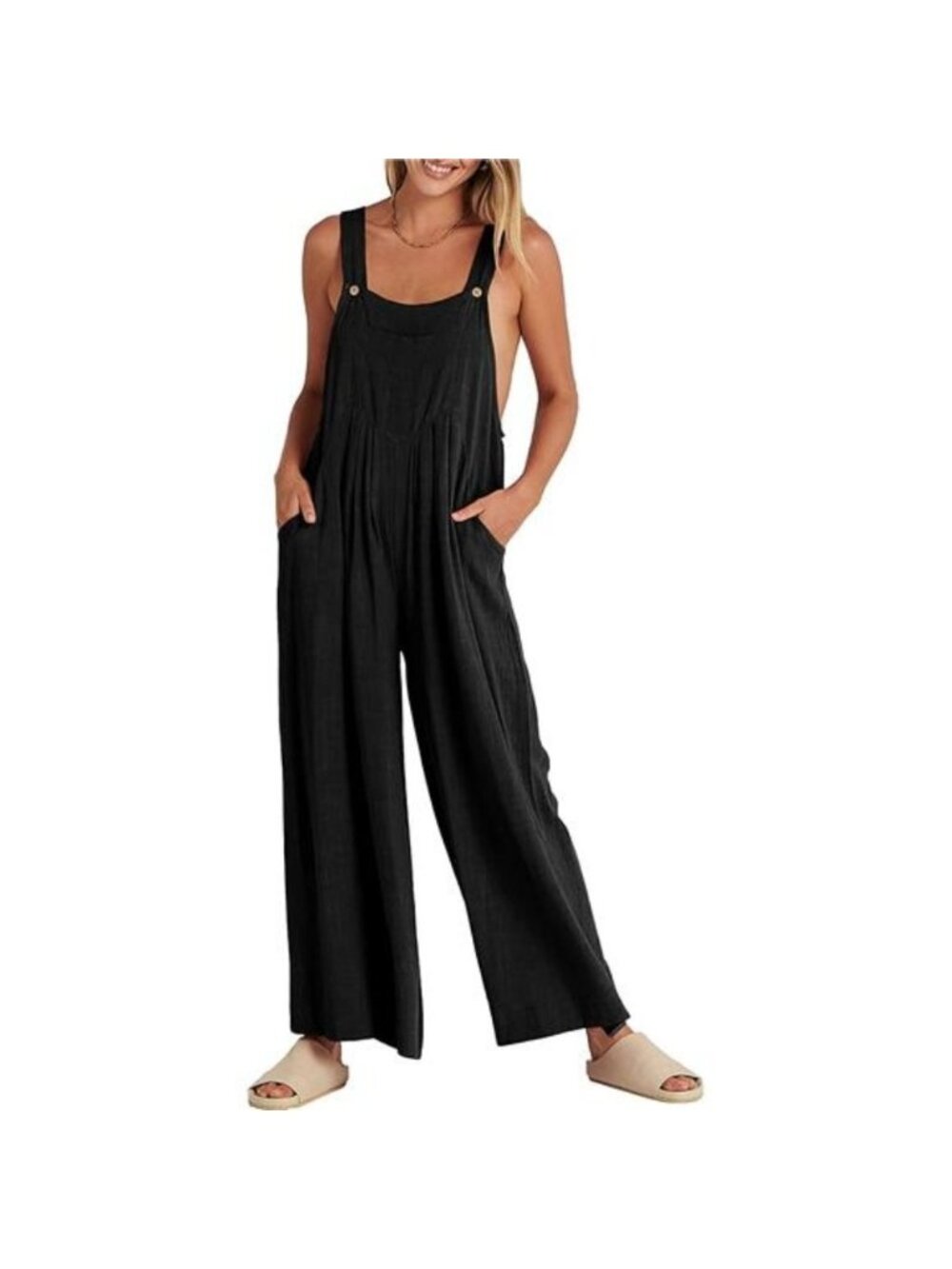 Women's Overalls Jumpsuit Casual Adjustable Straps Wide Leg with Pockets, Black